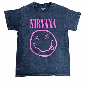 Nirvana Pink Smiley Face Graphic Tee – Size Medium – Acid Wash Black
